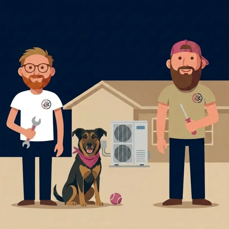 Illustration of the Double O Heating team with their dog in front of a West Michigan home